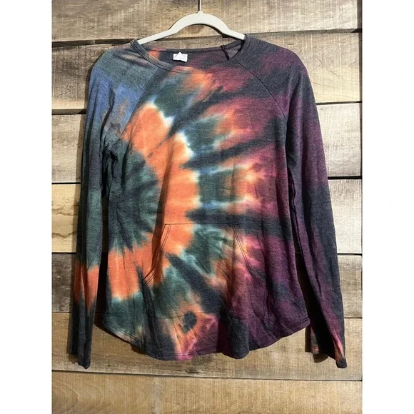 No Boundaries Womens Tie Dye Long Sleeve Top Orange Purple Size M 7-9 Pocket - Picture 4 of 4